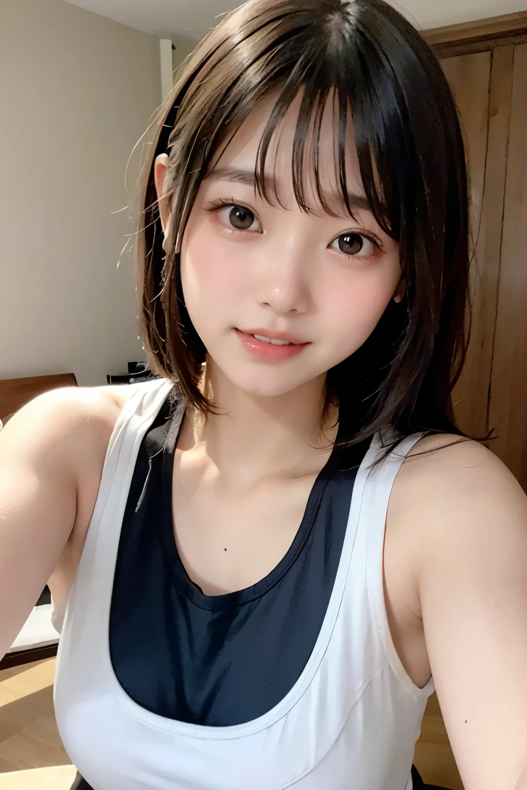 upper body, masterpiece, best quality, raw photo, photorealistic, big, face light, shiny skin, high resolution, super detail, detail, detailed eyes and face, sharp pupils, realistic pupils, sharp focus, shiny skin, cute smile, brown hair, sporty clothes, medium hair