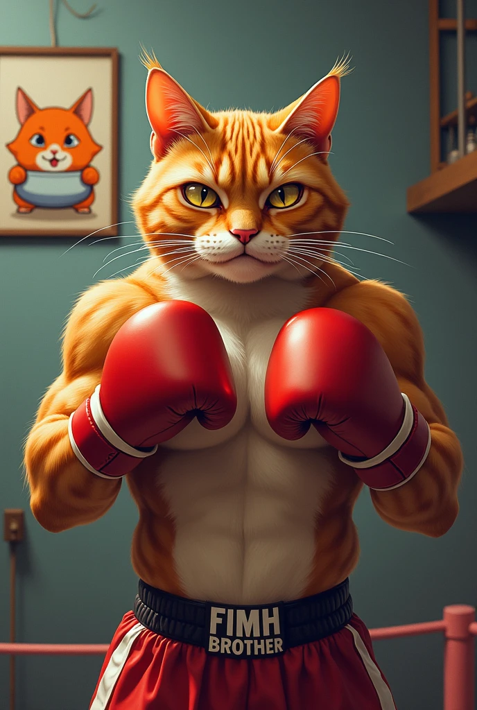 Create an image of a muscular cat with a slightly cartoonish, semi-realistic style. The cat should be holding either a barbell, a dumbbell, or wearing boxing gloves, showcasing its strength and sporty nature. Ensure that the cat's fur is detailed and natural-looking, with a focus on its determined yet friendly expression. The overall design should balance between realism and a hint of cuteness, avoiding too much exaggeration."