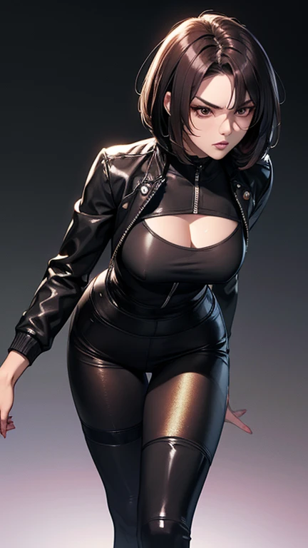 black leotard, full body shot, cleavage, gorgeous woman, tight clothes, bobcut hair,  assassin, fantasy setting, rubies