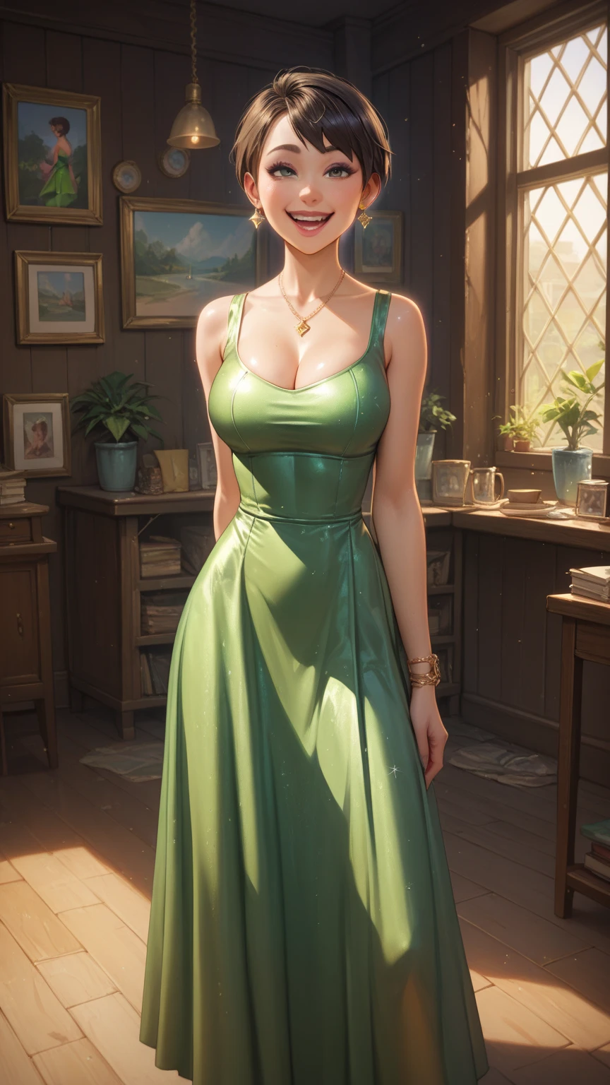 1 , 独奏, high resolution, Masterpiece artwork, anatomically correcte, precise, best qualityer, detail, HD Model, details altos, 品質, high qualiy, breasts big, sheen, dark bedroom, orange light, fireplace behind, Red Curtains, blondie hair, green dress