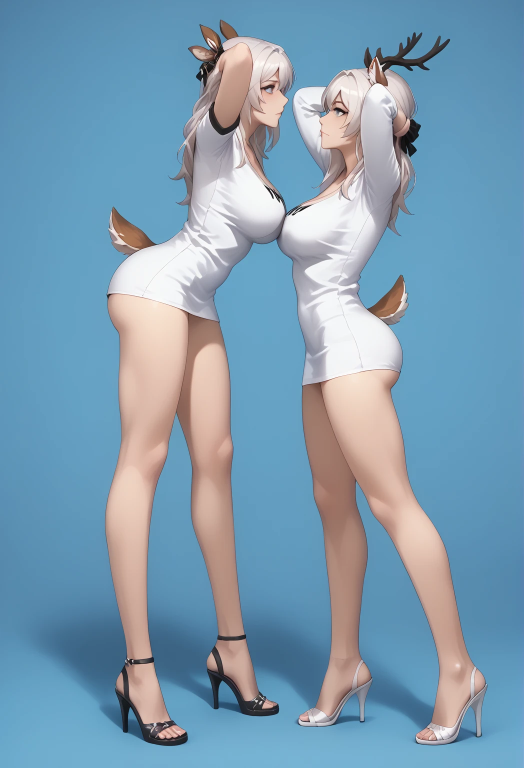 White hair, red eyes, long hair, white pantyhose, half naked