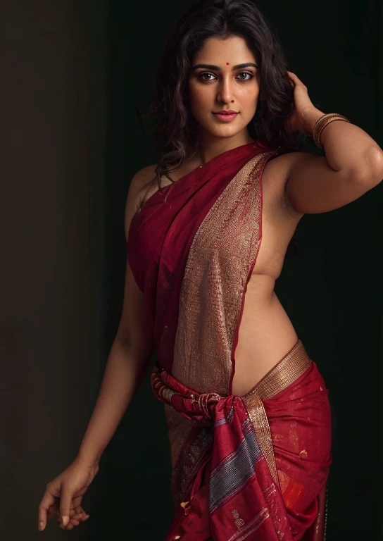 Wearing a sexy satin saree with strapless Bra, sexy Indian housewife, Looks like Indian Actress Nayanthara, actress Nayanthara, mallu, mallu aunty, desi aunty, full figured mature beauty,  sweaty skin , shining skin, sweat, attractive figure, 48 years old, spicy hot, desi milf, desi aunty, a close up of a woman in a red dress in a bedroom, inspired by Avigdor Arikha, sleek!!!, indian super model, wavy hair combed to one side, actress, by Jitish Kallat, smoldering, intense smoldering, fashion, an angel, print ready, with a dramatic looking, inspired by Sudip Roy, seductive look, sexy Saree queen, sexy Saree fashion, seductive Saree,  wear saree, sizzling hot Beauty, skin pores, armpits, beautymarks, 