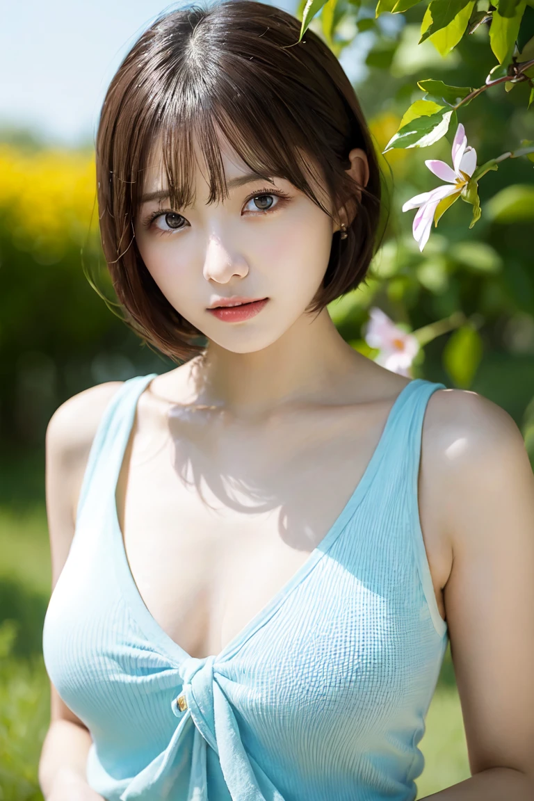 ((((top-quality))))、(((Ultra Precision CG16K Wallpapers)))、(((​masterpiece)))、(((ultra-detailliert)))、(((Ultra-extreme details)))、One woman、a matural female、24-year-old woman、((Japanese face))、((extremely beautiful face))、Short Bob Hair、Bangs up to the eyebrows、Beautiful brown hair、Beautiful delicate eyes、Brown eyes、lofty nose、small nostrils、seductive lips、Half-open mouth、Beautiful breasts、C-cup size breasts、cleavage of the breast、Beautifully proportioned proportions、perfect anatomia、Beautiful and detailed shading、Beautiful natural lighting、Beautiful detail glow、depth of fields、(((a high chroma)))、((realisitic:1.9))、((Beautiful skin))、((Skin texture))、((Vivid：1.4))、dynamic ungle、((Angle from abdomen to head))、((front shot))、((A slight smil))、Bright sunshine、((a park))、(Background blur)、((Mint green color lace tank top))、(Silver necklace)、