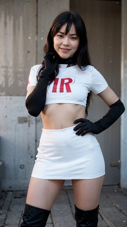 brandygordon, team rocket,team rocket uniform, red letter R, white skirt,white crop top,black thigh-highs, black elbow gloves,