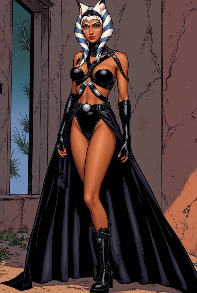 Alison Tyler, in comic book panel, bold lineart illustration comic, seductive eyes, parted lips, perfect body, curvy, nsfw, in the style of Adam Hughes, (extremely detailed, masterpiece, best quality, 8 K ), (((best quality))), (((masterpiece))), (((adult))), do joelho pra cima, warrior, with perfect body, sexy white bra with red lace, stylized white leather jacket with many metallic details, hand with steel gloves and metal spikes, torn cargo pants almost naked, armor (clothes made with the flag of the Rebel Aliance), full of spikes and ink-stained rivets, 5-pointed star tattoo, Blade Runner, interstellar space background