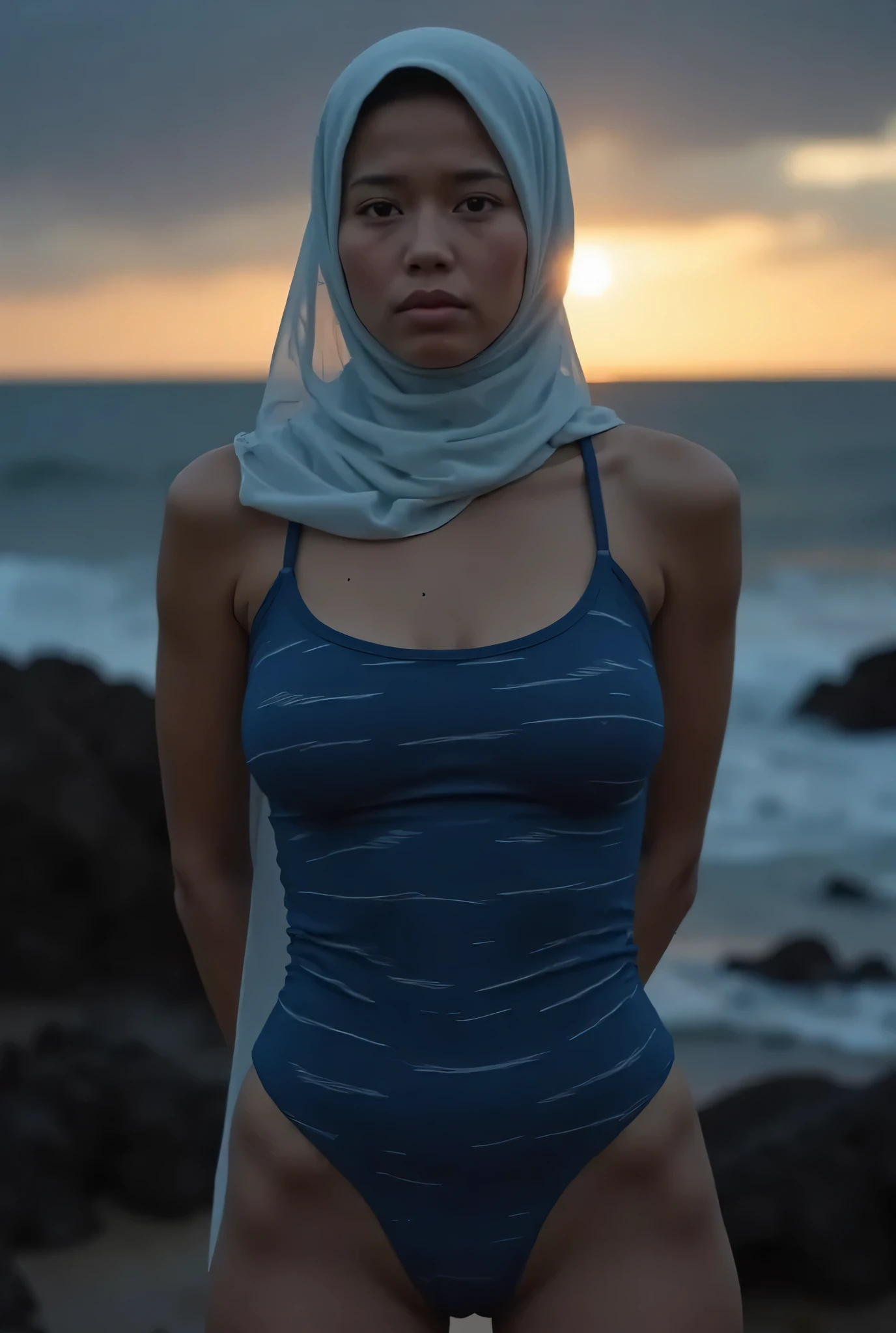 RAW photo,flash,hazy atmosphere,35mm focal lenght,candid photograph,artistic,photograph of a beautiful,influencer,30yo Moroccan woman,Hijab,detailed skin,fully naked,looking at viewer, candid pose,standing outside,midnight,dark,flash photo,blue light, film grain, kodak color, instagram LUT