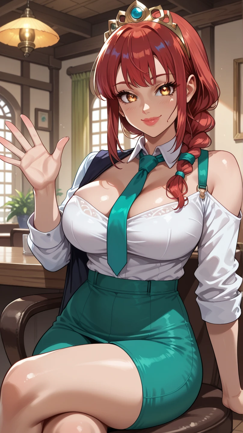 Best quality, solo mature woman, giant breasts, giant ass, very curvy, tanned skin, styled high ponytail, pear green eyes, full lips, seductive, sly smile, exposed white button up, loosen tie, pear green plaid skirt, ribbon in hair, thick thighs, curvy physique