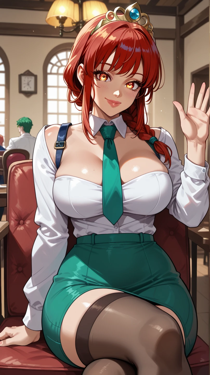 1girl in, Solo, Nakano Yotsuba, Orange hair, Hair Bow, (green bowtie), (Naked:1.3), (White Apron), Large breasts, cleavage, thighs thighs thighs thighs, Cafe Background, (Blushing:1.3)