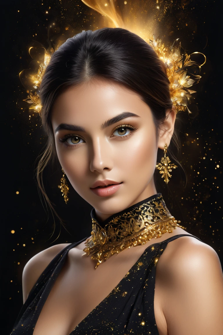 Portrait, beautiful mysterious woman with black hair and a silky gold dress, wearing a large heart-shaped necklace, hourglass figure, symmetrical figure, highly detailed face, beautiful face, calming blue eyes, lush red lips, smiling, alluring, flirting with camera, stunning digital illustration, mysterious quantum environment, cosmic elements and ethereal atmosphere