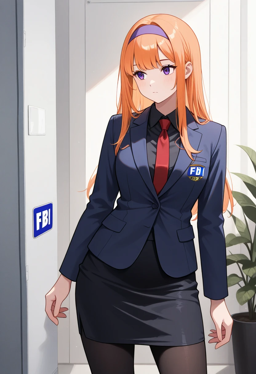pale adult woman, large breasts, very thick thighs, wide hips, short ginger hair in a sleek hairbun, glasses, tight black blazer, tight black pencil skirt, thick thighs pressed together, wearing small black high heels, bored expression, strict teacher, facing forward, she is standing, legs and feet in the photo, crossing arms under her chest, she is looking down at a man who is kneeling on the floor in front of her feet, un amused facial expression