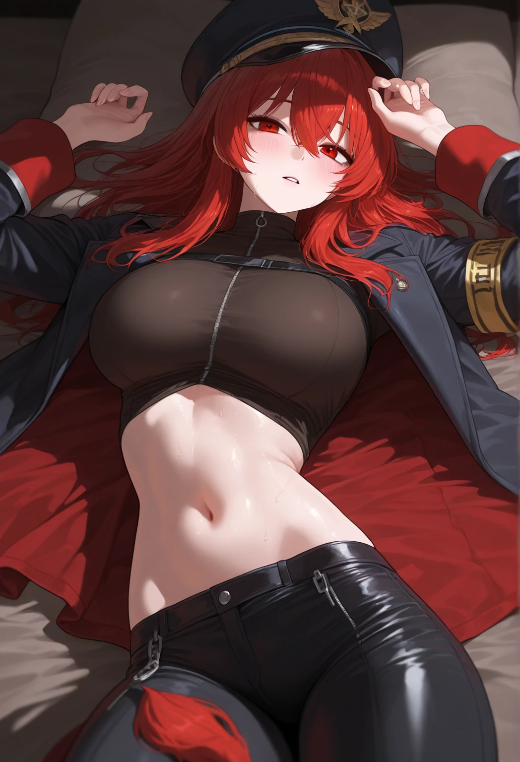 score_9, score_8_up, score_7_up, source_anime, illustration, BREAK 1girl, solo,(close up breasts:1.4),,wet skin,nikkeredhood, red hair, long hair, headgear, yellow eyes, red scarf, crop jacket, red jacket, black shrug \(clothing\), midriff, zipper, cleavage, large breasts, suspenders, fingerless gloves, room, indoors, looking up, lying, lying on bed, hand on stomach, hands on own stomach, bed, disgusting face, closed mouth, serious