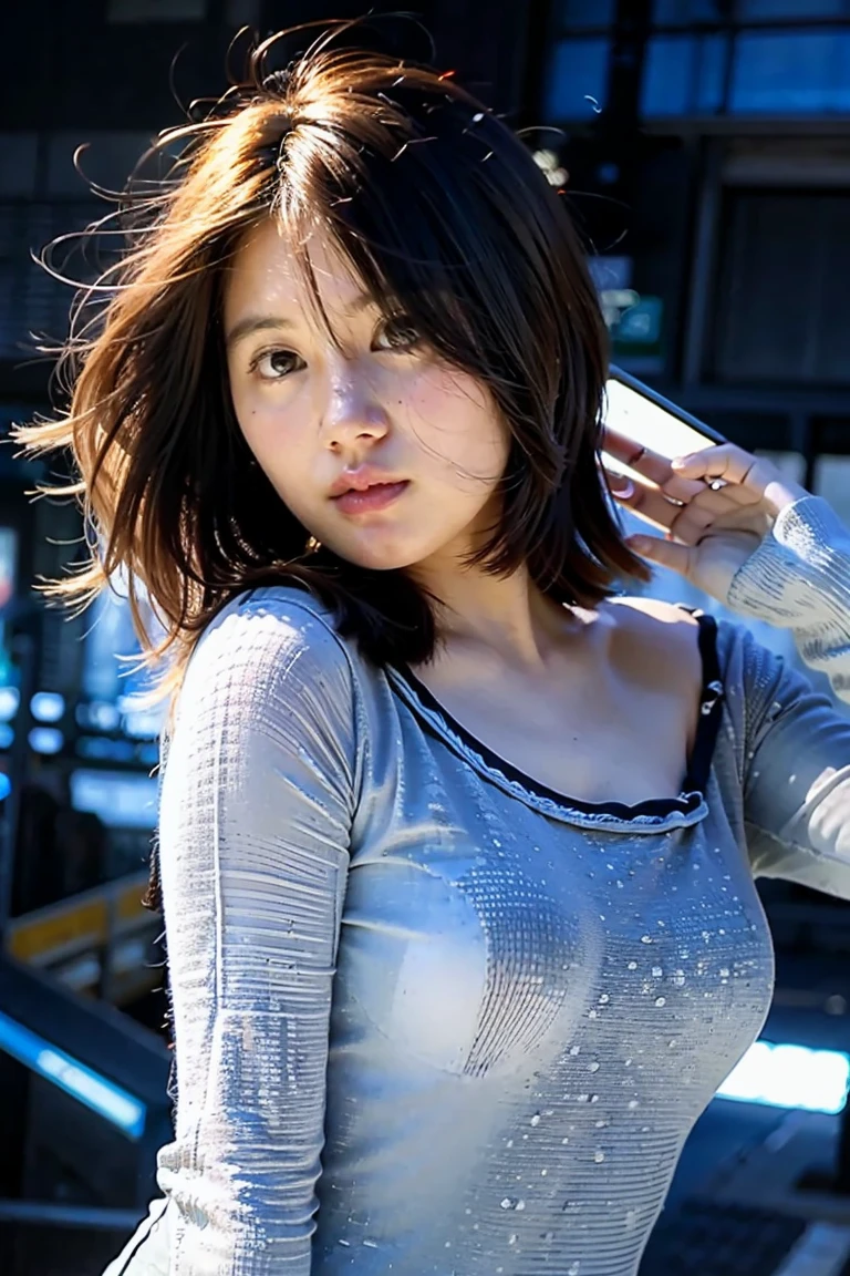 highest quality,Ultra-high resolution,
One Girl,Jeffs,(blue sky),(Natural light:1.2),(Dreamy atmosphere),Tone up,Tall Woman,
Nice hands,Perfect hands,small bust size、small breasts、small, Shapely breasts、Erect nipples on shirt、The whole shirt is thin, Transparent material..、small and cute breasts、raindrop、composing the scenery