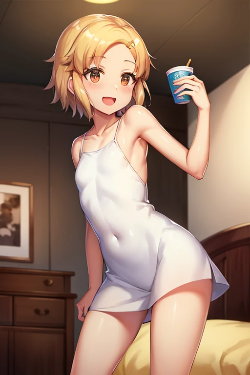 1girl, adult woman, (Naked: 1.4), (Blushing:1.4),(camisola aberta, completely naked, fully naked), Smile, Cowboy Shot, ((A coffee Cup)), Full Body, transparent string lingerie
