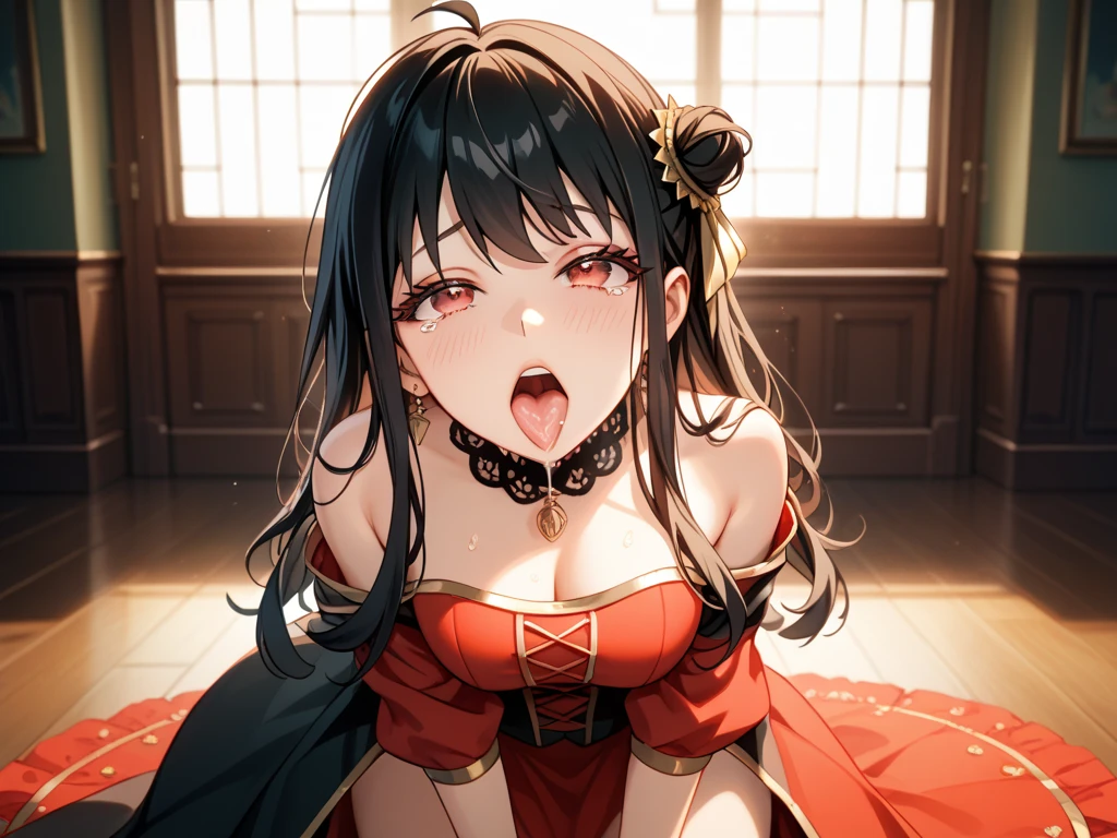 (masutepiece:1.5)、(top-quality:1.5)、(16k wallpaper:1.2)、(Photorealsitic:1.2)、(ultra-detailliert:1.2)、(超A high resolution:1.2)、(natural soft light:1.2)、(super-detaild skin:1.2)、Detailed and clean eyes、Tsuriformes、Beautiful eyeshadow、(Black bun hair:1.2)、Natural Color Lip、large full breasts、(Black cheongsam:1.3)、Screaming、Underground Arena、(all-fours:1.2)、(Intense sex surrounded by many men:1.5)、(Overflowing sperm:1.3)、Crowd of men、full of sweat、(Cross-eyed:1.2)、put out the tongue、(AHE Face:1.4)