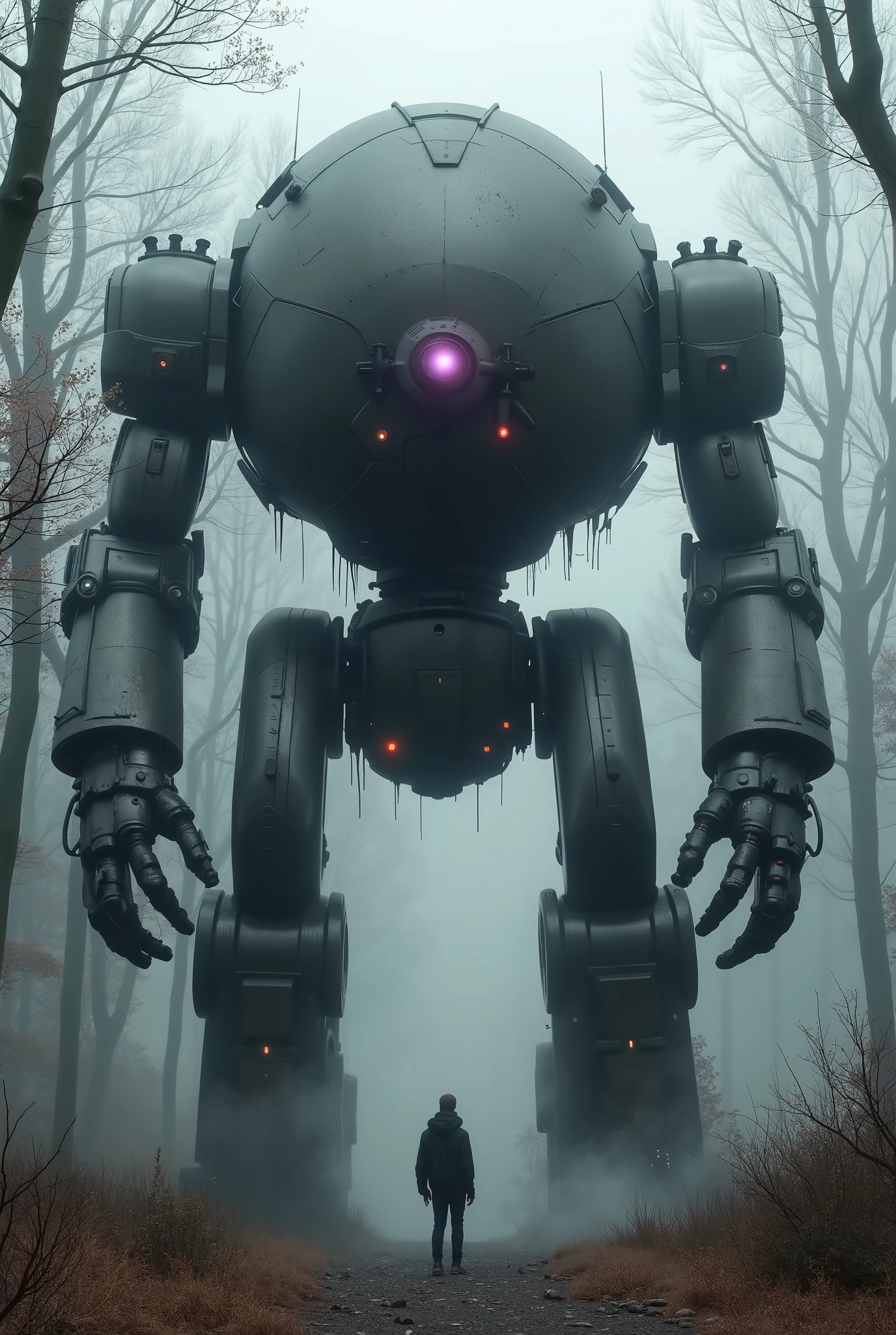 military robot like a tank、(1.5)、(An intimidating feeling like a chariot:1.5),(wacky, perverted, and bizarre design without a head:1.5),(The dark, dark metallic body is rusted:1.5)、(Height50mRobot 1.tanding in the fog of the forest、(A robot with a very creepy atmosphere:1.5),(main body that can be seen3There is a large reactor that glows purple in the center of the:1.5)、heavy and intimidating robot、(wacky, perverted, and bizarre design without a head:1.5)、Extremely Huge Robot、A is looking up at the robot、