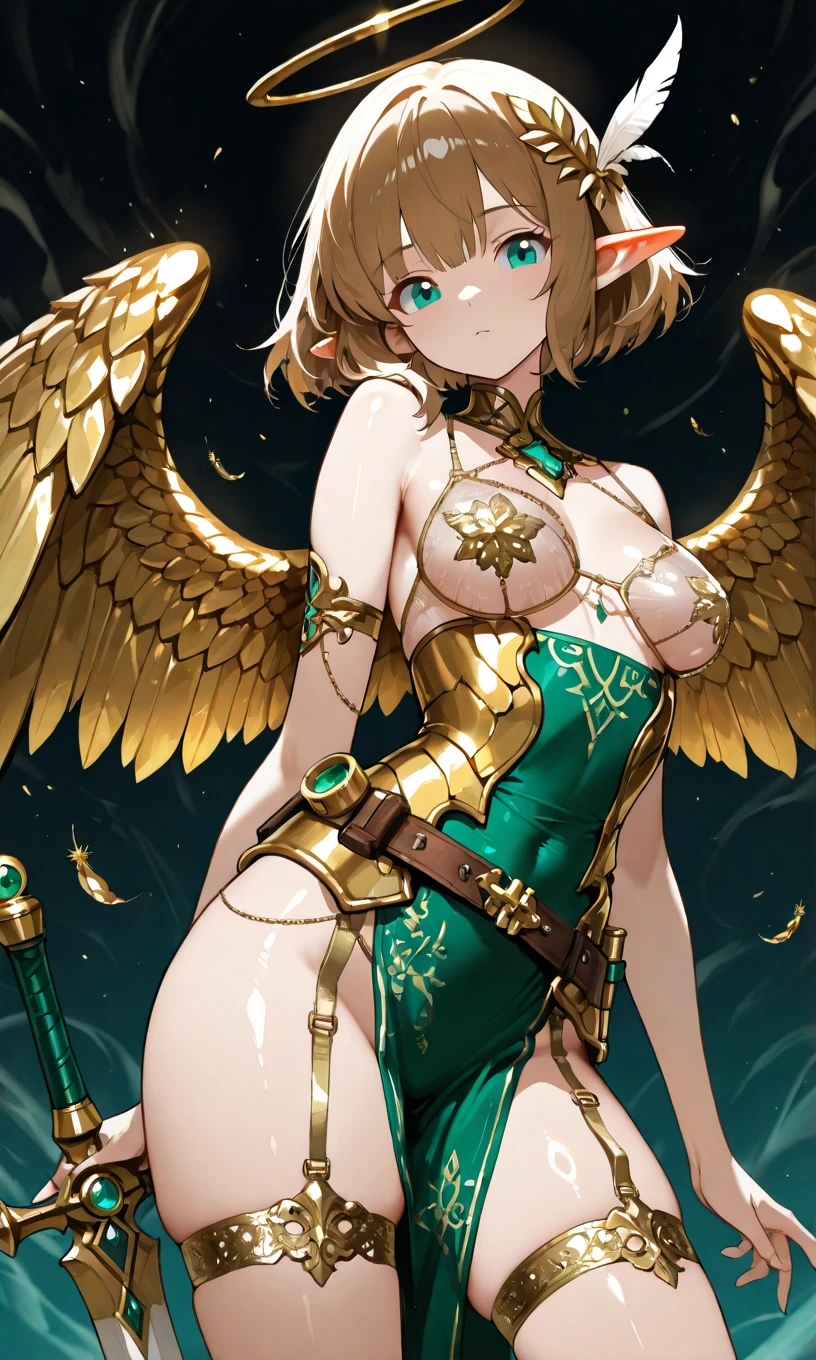 1 girl, game cg, valkyrie armor, green, angel wings, sideboob, under boob, belly button visible, thighs, loincloth, gigantic breasts, blonde, middle hair, side ponytail, green eyes, standing, smile, full body, simple background ,