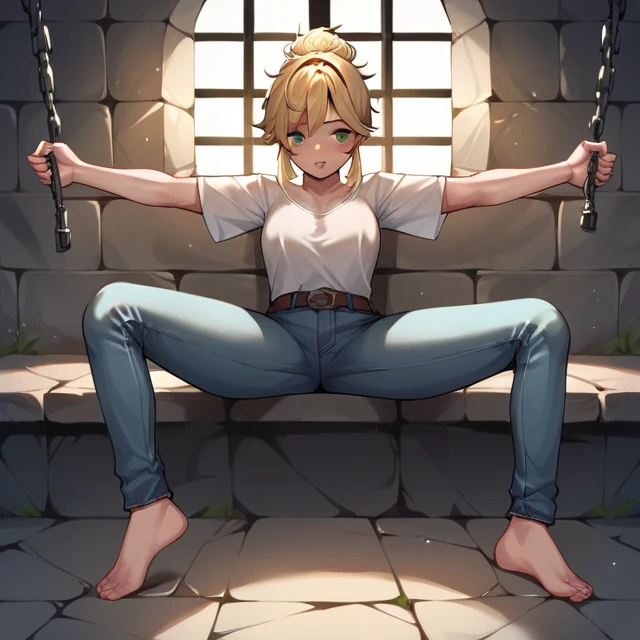 score_9, score_8_up, score_7_up, score_6_up, score_5_up, score_4_up, source_アニメ, 1girl, blonde hair, hair bun, green eyes, w-w-chain, spread arms, messy hair, white shirt, jeans pants, dungeon, best quality, best res, 4k uhd,
Very fat girl、Big Breasts、