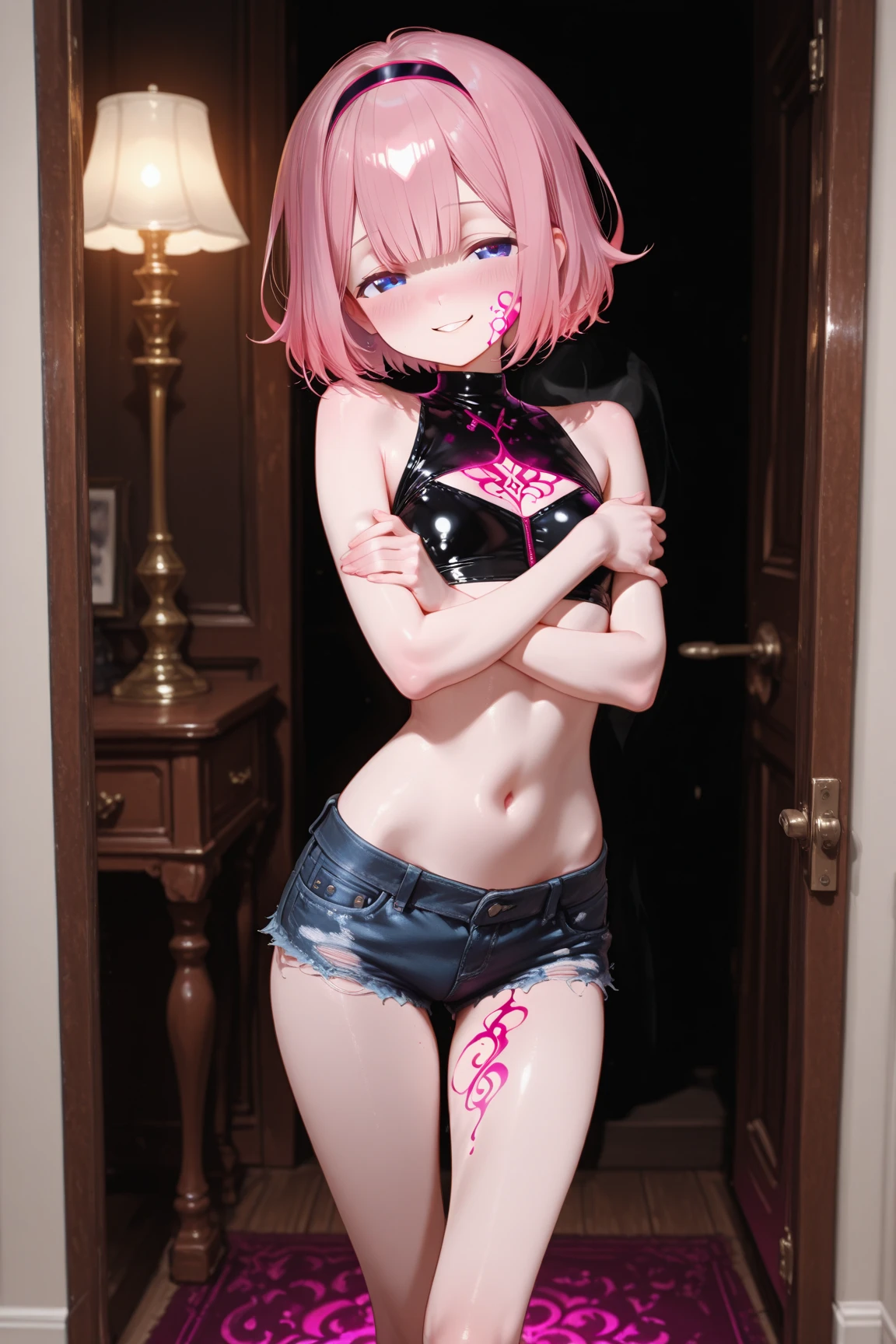 a woman, pink hair ,pink eyes, bright Eyes, naked, skinny, sexy, short hair, Italy