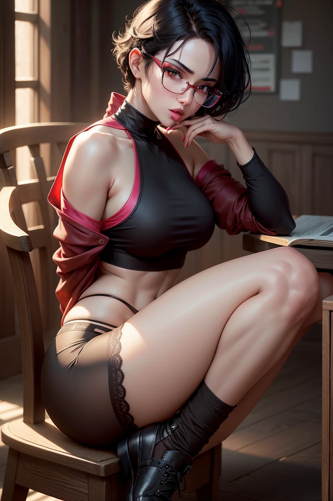 obra-prima, sedutora, intimate:1.3), Sarada Uchiha, sozinha em casa, (Sala de estar:1.2), wearing nothing but a set of sloppy red lingerie, (red eyewear:1.2), (Konoha headband:1.5), (costas perfeitamente arqueadas:1.2), (olhar atraente:1.2), (fluid dark braids:1.1), (subtle lighting:1.2), (atmosfera sensual:1.3), (Elegant furniture:1.1), (seios pequenos, mas firmes e perciosos:1.3), (Medium buttocks, but firm and flexible:1.4), ela contempla capturar o momento sobre a mesa, pernas formando um "em" sedutor e sexual, (provocative composition:1.5), (desejo intenso:1.5), (detalhes requintados:1.2) Cinematic details, hiperdetalhados, insanos, lindamente coloridos, Motor irreal, DOF, Super-Resolution, Megapixel, cinematographic lightning, antialiasing, FKAA, TXAA, RTX, SSAO, Post-processing, post - production, Mapeamento de Tons, ...cgi, emFX, SFX, Insanamente detalhado e intrincado, Hiper maximalista, Hiper realista, volumático, fotorrealista, ultra fotorreal | | |, ultra-detalhado, detalhes intrincados, 8k, super detalhado, Colouring, Volumetric lightning, HDR, realista, Motor irreal, 16k, foco nítido