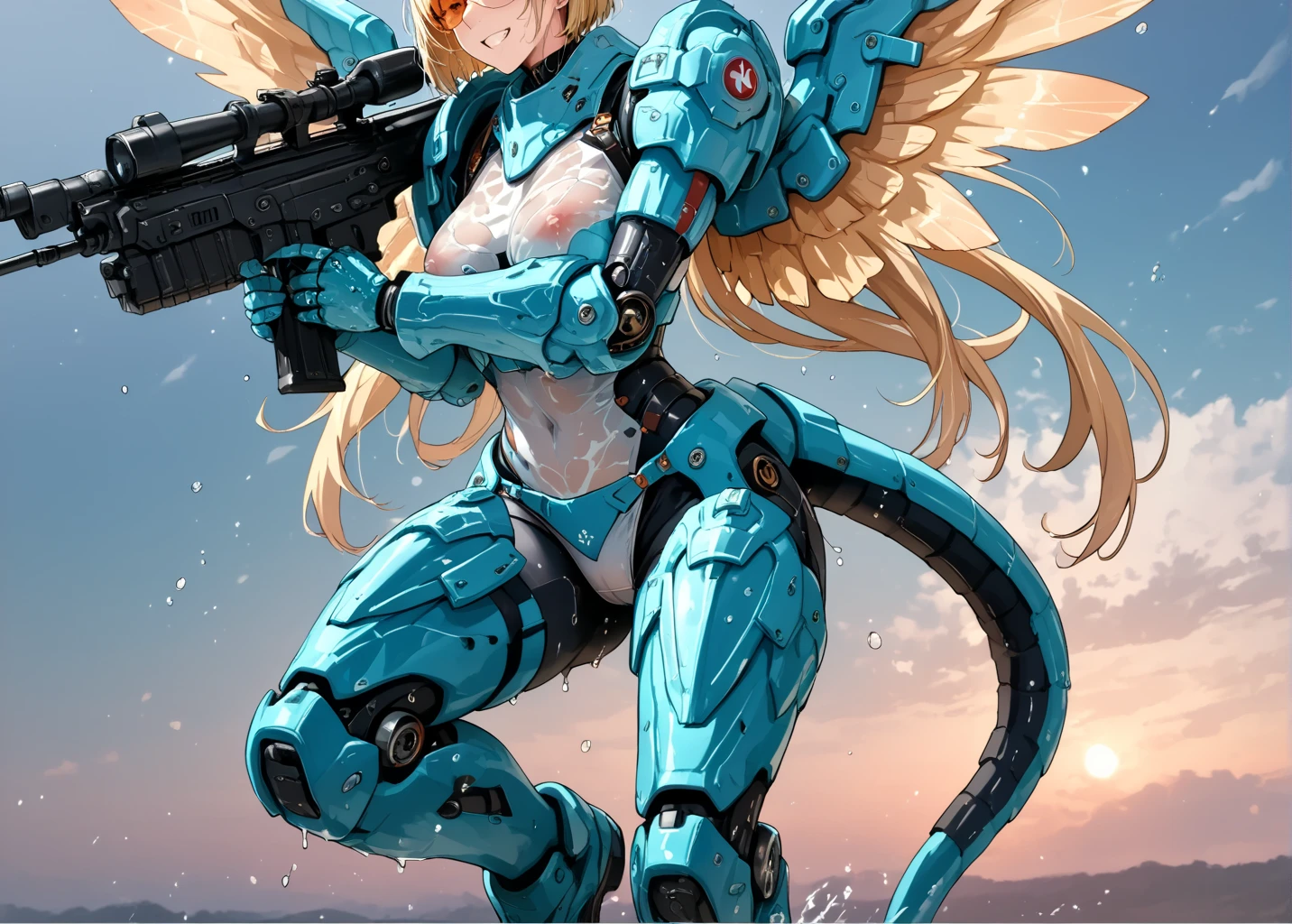 1girl, solo, long hair, breasts, blue eyes, blonde hair, large breasts, simple background, white background, holding, weapon, sword, holding weapon, mecha musume