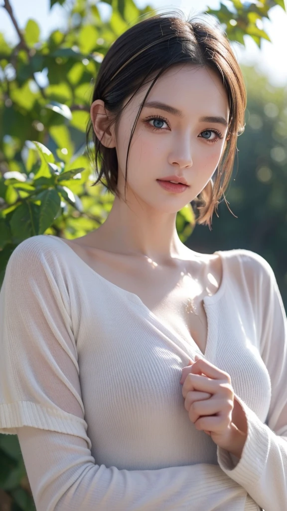 top-quality、masterpiece、超A high resolution、(Photorealsitic:1.5)、Raw foto、Skin Tight Black Top:1.2, Looking at Viewer, Cinematic lighting, Perfect, softlight, High resolution skin:1.2, Realistic skin texture, 35 years old mature woman、Large breasts,a small face、no-makeup、off shoulders, Exposed cleavage, Blue eyes, Short hair,dark brown hair、Bust C Cup、Small breasts、fullnude、green background sexy high,no wear