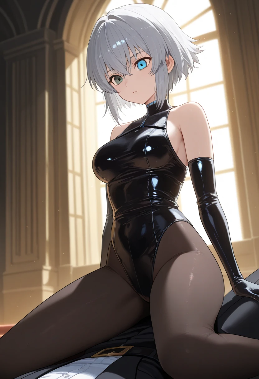 High resolution, high quality, 1house wife,Anime Girls, Silver Hair,very short hair,pixie cut,blunt bangs, black eye,heart shaped pupils, Glowing Skin, Large Breasts,beautiful breasts,pointy breasts, Big Ass,beautiful ass,sweat,orgasm,blush, Sweat,Hair Ribbon, Cropped jacket,leotard, See-through, One Piece Tan, Elbow hand pockets, Grey gloves, Thigh-high boots,standing,Groin tattoo,glowing tattoo,hydrangea,(Urination Desire:1.1), (Urge to urinate:1.3), (Person urinating:1.6), (An urgent need to go to the toilet:1.2), bladder full,(Pee:1.3),(Peeing),(shame),