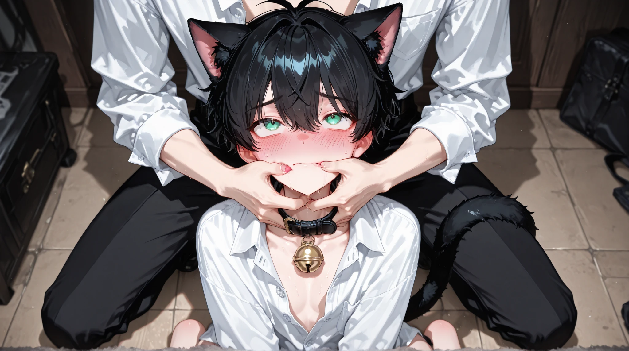 (Meisterwerk: 1,3), (2D: 1,0), (Anime: 1,0), (Illustration: 1,0), painterly style, digital painting, very high quality, very very high detail, very detailed light, very detailed shadows, ray tracing, light reflections on fur, bloom, detailed fur, low saturation, simple color palette, low contrast, anatomically correct, cropped, pov. close up of a 16 year old male shota wolf boy kneeling on the ground and deepthroating the penis of the male pov character, standing, standing upright, deep blowjob, blow, sucking dick deeply, deepthroat, deeply suck off pov character, deeply suck genitalia of pov character, lick genitalia, tongue, licking, oral sex, oral, deepthroat, cum in mouth, hands of the pov character on head, roughly shove dick into mouth, rough, rough oral sex, uploaded to e621, erect, erection, long and thick genitalia, visible penis, large penis, shota, SHOTA, small boy, young, boy, wolf boy, shota boy, shota wolf, shota wolf boy, small, sly facial expression, horny look, needy look, large dick of pov character deep in mouth, (masterpiece:1.2),(anatomically correct:1.1), high quality:1.3, anatomically correct, 2 arms, 2 legs, 1 tail, open mouth, closed eyes, blushing, cum, much cum, large amounts of cum in mouth, very very large amounts of thick cum dripping from mouth, cum on chest, erotic, night, locker room, bench, very dark, little light, lights out, deep shadows, sportswear