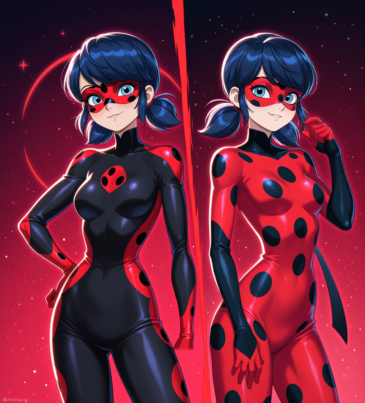 Create a high-quality, detailed illustration of Marinette Dupain-Cheng (Ladybug) and Adrien Agreste (Chat Noir) from the action-comedy television series "ZAG HEROEZ MIRACULOUS™ - Tales of Ladybug & Cat Noir." The goal is to render both characters with enhanced animation quality, showcasing their iconic costumes, detailed features, and distinctive hairstyles. Follow these guidelines:
1. Marinette Dupain-Cheng (Ladybug):
Pose and Expression: Depict Ladybug in a dynamic, action-oriented pose, reflecting her agility and heroic nature. Her expression should convey confidence and determination.
Costume: Render her iconic Ladybug costume with a vibrant red and black color scheme. The suit should feature distinctive black spots of varying sizes and shapes. The material should look sleek and high-tech, with a glossy finish.
Mask: Her mask should be red with black spots, matching her costume. The mask should fit her face perfectly, with detailed patterns and textures. Her eyes should be blue, showing through the mask.
Accessories: Include her magical yo-yo, depicted with bright, clear colors and intricate details. The yo-yo should look functional and dynamic, possibly showing motion if she’s using it in action.
Hairstyle: Marinette’s signature hairstyle is a “half-up, half-down” look with pigtail buns. Her dark hair should be styled with the top section pulled back into two pigtail buns, while the rest falls freely. The hairstyle should be portrayed with detailed texture to reflect its volume and natural flow.
2. Adrien Agreste (Chat Noir):
Pose and Expression: Show Chat Noir in a confident, action-ready stance. His expression should be playful yet determined, capturing his charismatic personality.
Costume: Render Chat Noir in his sleek, black suit, which should appear shiny and form-fitting. The suit should have a black belt at the waist, with detailed textures that reflect the light.
Mask and Ears: His mask should be black, fitting snugly around his eyes. Include his dis