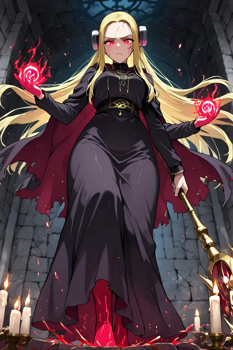 Masterpiece, very detailed, ultra detailed, one, (1 woman), she is in a monochrome sick black dress with gold details, with lightning knives in each hand and in a stand and fighting pose, long hair, straight hair, bright yellow hair and side parting, yellow demonic horns, beautiful, charming, bright red eyes, elegant, big breasts(huge), kind smile, charming, against a background of golden thunderstorms and golden lightning.