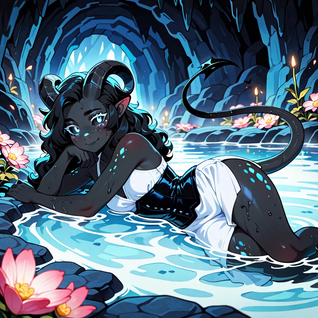 (detailed), (((1 sheep girl))), big ass, (((black wavy hair))), (((pink pussy dripping))), (((naked))), (White skin), fishnet stockings, (((lost in a cave)))