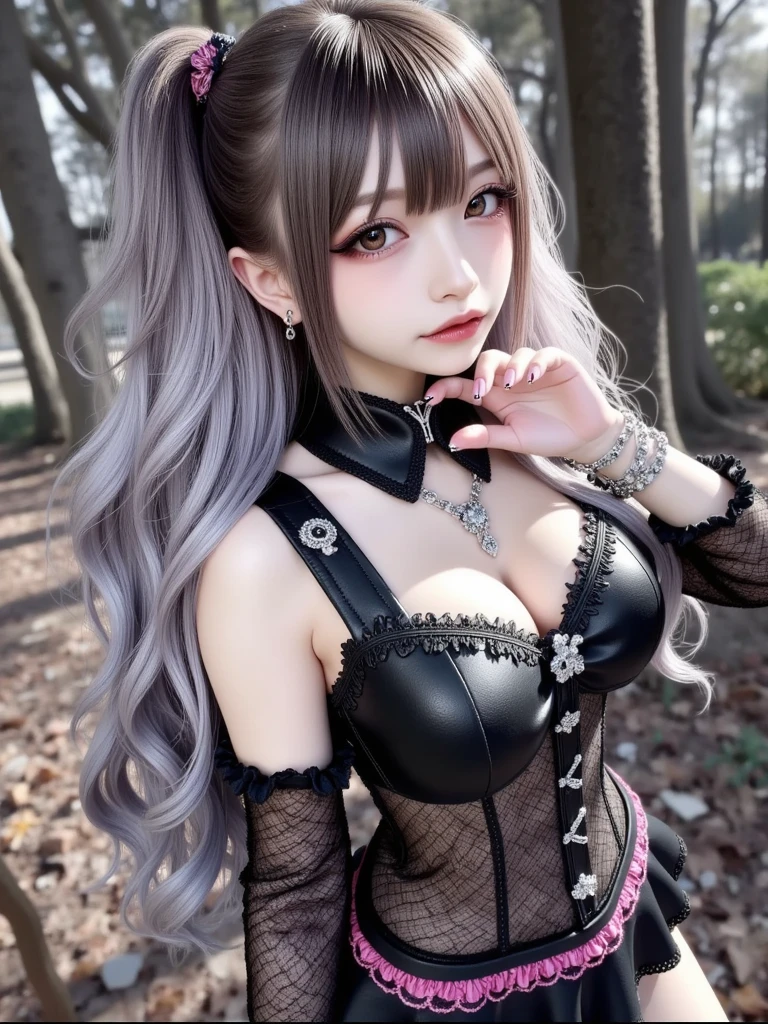 Black and white two-tone hair, long hair, Off-the-shoulder dresses, Pencil skirt, 17-year-old female,masterpiece,high quality, light skin, Brightly shining hair, (skinny:1.2), masterpiece, cute girl, Distinct image, full bangs, cute,skinny stomach,(:1.3),narrow waist,looking for viewer,dark double eyelids, Aegyo-sal under dark eyes,seductive smile,skin tight,nipples,kpop idols, aegyo sal, seductive smile,hair ribbon decoration,wide pelvis,Top slightly lowered,A little bit of cleavage is visible