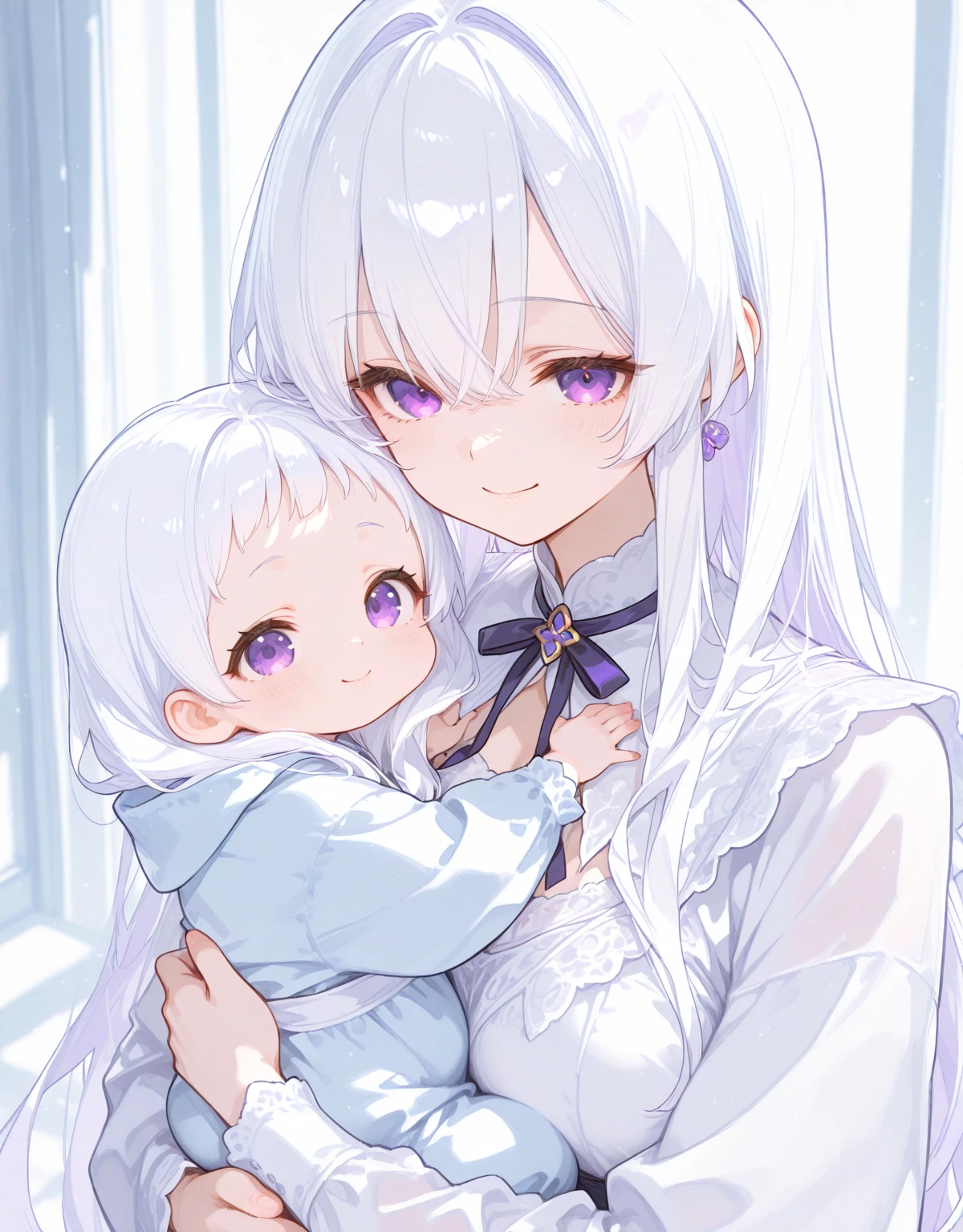 (((Mother and son,My son is a newborn baby.)))、((Highest quality、Masterpiece、Official Art、The best dynamic composition))、They both have a mixture of blue and white hair.、She is happily stroking the baby's cheek.、Heartwarming、happiness、A sparkling world、