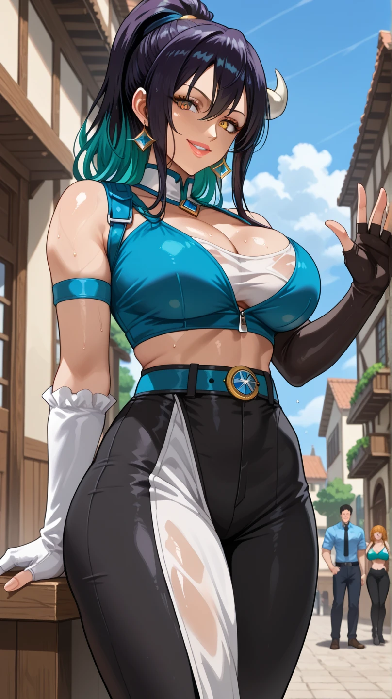 Young female, giantess (15ft 6in height), curvy body, DDD size breasts, dark green hair in two high buns, light blue eyes with designs, beautiful, vertical labret piercing, wearing comfortable pirate style clothes.