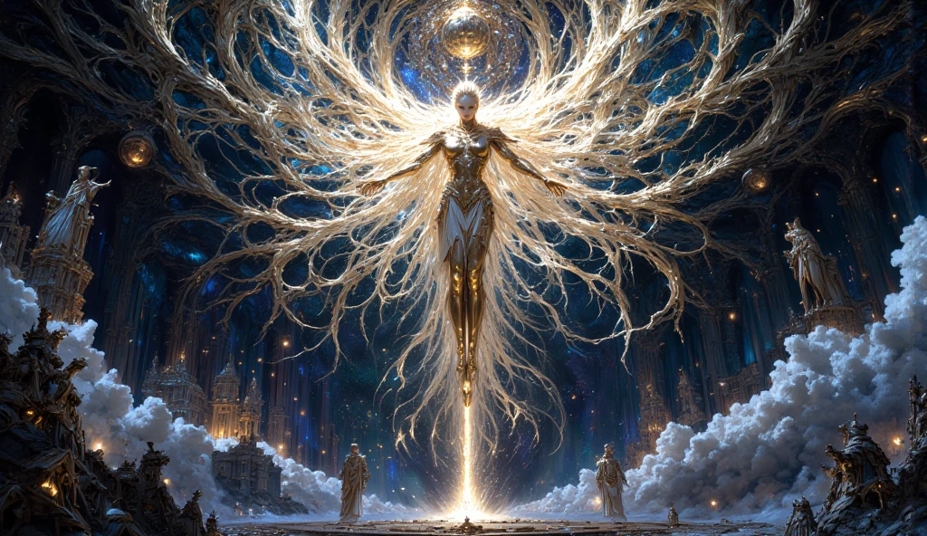 Quantum Harbingers in the Echoing Abyss <lora:DonMC0sm1cW3bXL:1> by Yoji Shinkawa and Hyung-tae Kim, contest winner, fantasy art, daz3d, intricate, elegant, highly detailed,8k, digital painting, concept art, sharp focus, illustration, golden ratio