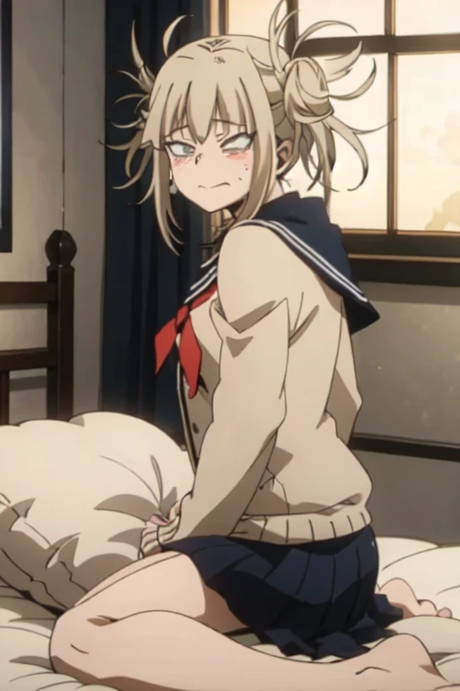 Himikotoganova, (One Girl, alone), blonde, Double good, Messy Hair, bangs, (Perfect Eyes, Yellow Eyes), serafuku, Blue Skirt, Long sleeve, Red neckerchief, On all fours、Dorsal position、Torn clothes、Crying face、put your face on the ground、Press your face to the bed