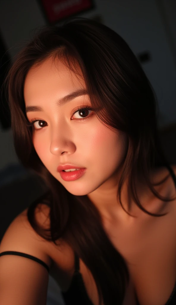 (( dim red lighting, perfect Quality, 8k, Masterpiece: 1.3)), Sharp Focus: 1.2, beautiful Japanese girl with open legs both legs that are raised. she is naked laying in a bed naked with perfect hourglass shaped body.: 1.4, : 1.2, ((Dark Brown Hair: 1.4)), Up-Hairstyle, smooth tan skin naked body with thick thighs. She has a small breasts clevege. Highly Detailed Face and Skin Texture. she is naked, Detailed Eyes, Double Eyelids, small waist, flowing hair, look of lust.