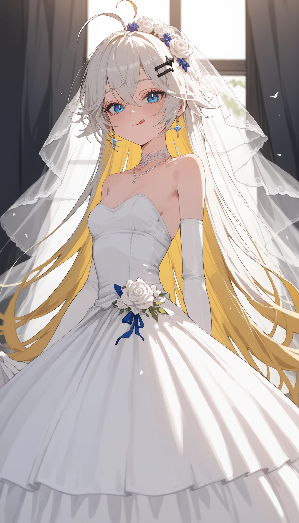girl,In blue eyes,,, small breasts,Milf,,long hair,Black Hairpin,long hair,,slim,white hair,, Tomboy ,Long Eyelashes,, small breasts, Ahoge ,Long dress , Arm stocking,white shirt, white shirt ,ribbon,,Slender hair,ribbonยาว,Gown set,Yellow hair ends,Two tone hair ,,Smiling tongue,wedding dress,