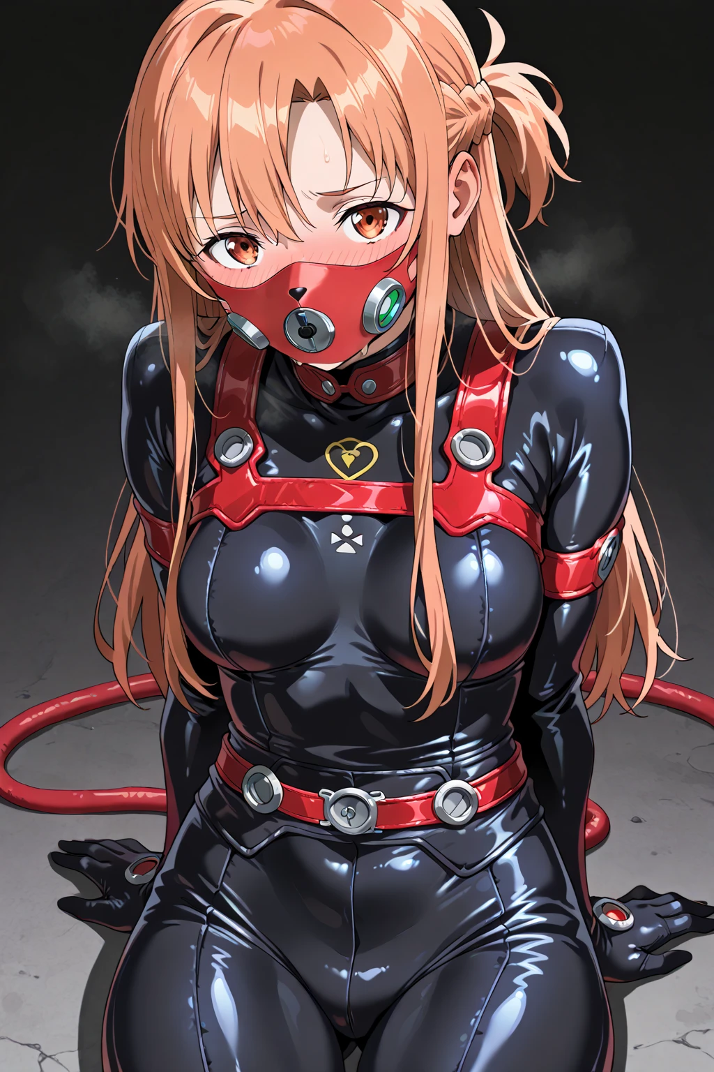Anime girl, , black , red details , packing symbol , hose, Lip mask, duration, button-down , embarrassment shame blush, грязный полный button-down, diapersuit