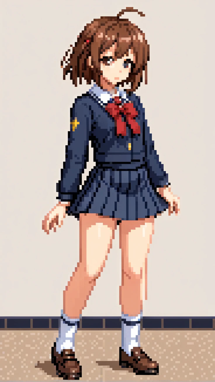 pixel world, (1girl:1.5), masterpiece, best quality, best detail, best proportion, best anatomy, best face, best shaped breasts, very big breasts, (japanese highteen):1.0, cowboy shot, ass focus shot, smile, blush face, lips, nose, pale skin, black eyes, fair-skinned breasts, narrow waist, black short hair, serafuku, glasses, classroom(background):2.0,