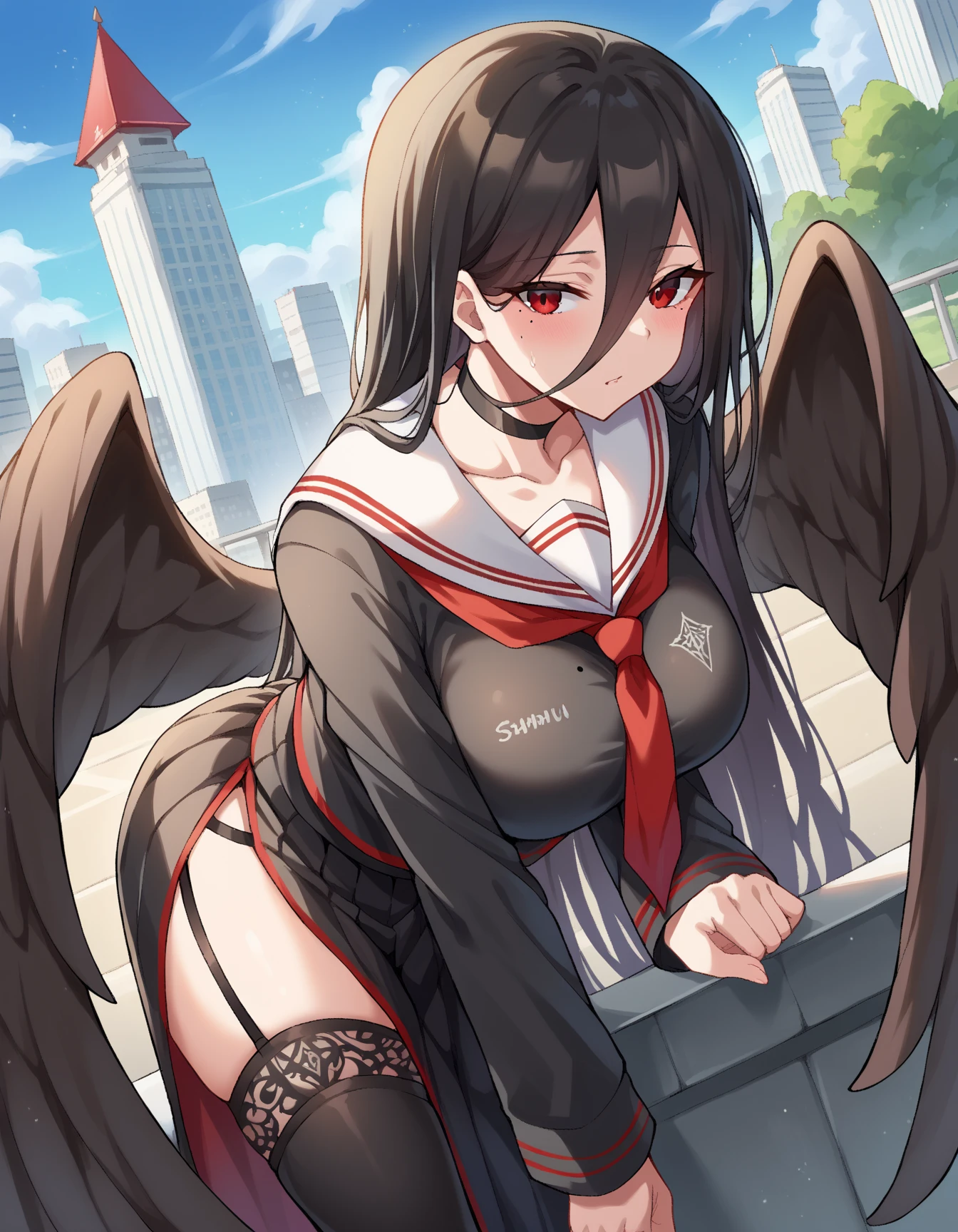 Blue Archive Hasumi, hasumi, Black hair, hair between eye, Long hair, (Red Eyes:1.5), Wings, Black wings, low wings, Feathered wings, (large full breasts:1.2),Blake Black Choker、(Black Serafuk:1.5)、Black skirt、Black Niso、garter strap、long-sleeve、pleatedskirt、student clothes、(serafuku)、side slits、skirt by the、thigh-high socks、BREAK looking at viewer, BREAK (masutepiece:1.2), Best Quality, High resolution, Unity 8k壁纸, (Illustration:0.8), (Beautiful detailed eyes:1.6), extra detailed face, Perfect Lighting, extremely details CG, (Perfect hands, Perfect Anatomy)、 (white panties:1.3)、(Squatting:1.3)、(Fully exposed panties:1.5)、plein air、outside of house、