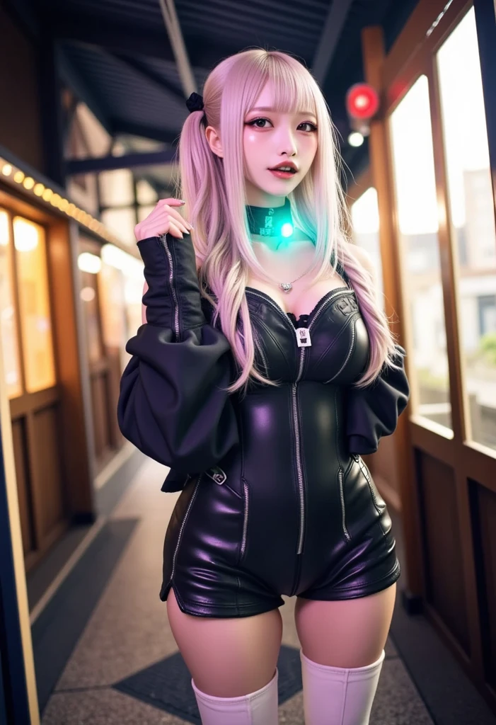 highest quality,High resolution、High resolution、( masterpiece),Silver Hair、Purple Mesh Hair、ゴシックpunkの衣装、look up, Upper Body,Hair bundle,Fair skin,(realism:1.5、Realistic、Photorealistic、Raw photo)、black、cool、wonderful、beautiful、Earrings、amount、Goth icskirt、Goth_punk, One Woman、alone, ((Midnight、Neon Town、Neon Light)), Looking at the audience,Leather clothing、Long sleeve, Portraiture, Side Lock、Realistic textured face and body、Super big boobs:1.5、Small waist、Knee-high stockings、deep red lipstick、Swollen eyes、blackのアイシャドウ、超A high resolution 、SLR、Portrait、Dynamic pose、Anatomically correct、Symmetrical face、Degrees of Freedom:1.8、
