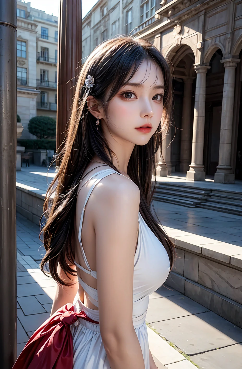 Realistic、Highest quality、Highest quality、masterpiece、Ultra-high resolution、RAW Photos、Realistic、Bright lighting、Face Light、Smooth Professional Lighting、Looking into the camera、alone、Adult female、Beautiful woman、Super Beauty、Realistic肌、Moisturized Skin、Realistic eyes and faces、Perfect model body shape、Beautiful Eyes、Big eyes、Inconspicuous tear bags、slim、Big Breasts、Very good、No makeup、Camel Toe、Very long hair、Black Hair、black eye、seems to be happy、The ears are hidden by the hair、(((Gorgeous Dress)))、Detailed embroidery、palace、palace、dance、Royal dress、Aristocratic costume、A sheer dress、