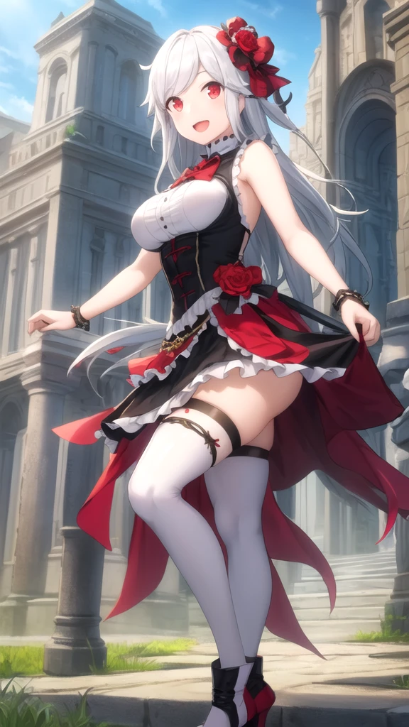 high quality, masterpiece, Very detailed,Long Hair, beautiful girl,Gray Hair,Red eyes,chest,Shoulder Bare,Crown,Wet Aristocratic Clothing,Short skirt,Black fishnet stockings,View you,Cat ear,Back view,Embarrassed,Open your mouth wide