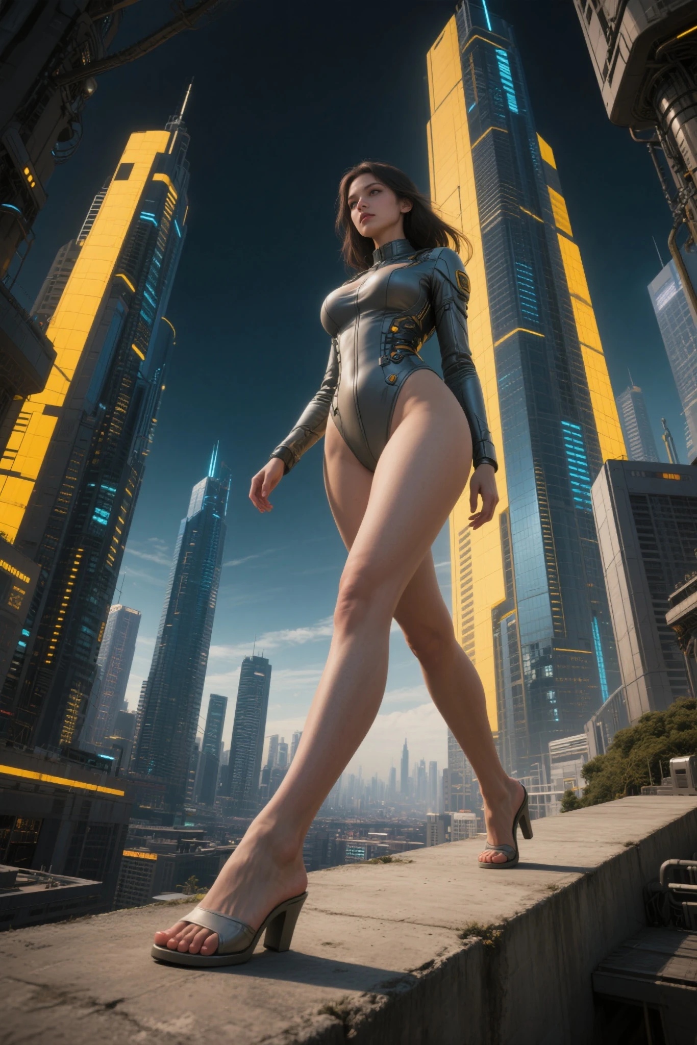A giant woman in a bikini lying on top of a cyberpunk city, Little guys running around the giant girl, Standing on her hand, cgsociety 9, 2. 5 d cgi fantasy art, engine rendering unreal + a goddess, full body cgsociety, artgerm ; Hyper realistic 3d content, giant art, super detailed 3d matte paintings, super detailed 3d matte paintings, realistic fantasy art, realistic 3 d anime style. Beautiful girl. Big thighs."The boy stood on the top of a high-rise building waving to the girl".People ran away in panic.