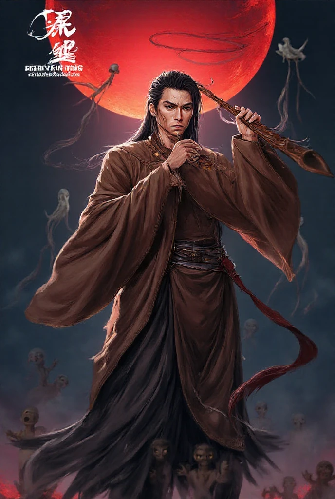 A man, holding a black sickle decorated with Japanese symbols meaning death, a black flame coming out of the decoration, the edges of the sickle come out of it black winds with ghosts of skulls, the best Judy for the face and sickle The man is wearing appropriate clothes of sickle steel, the man's hair is black, the man is the embodiment of the shinigami, (the background of the CG 8k module is very detailed) (best quality), (best illustration), (best shades), very detailed t 
