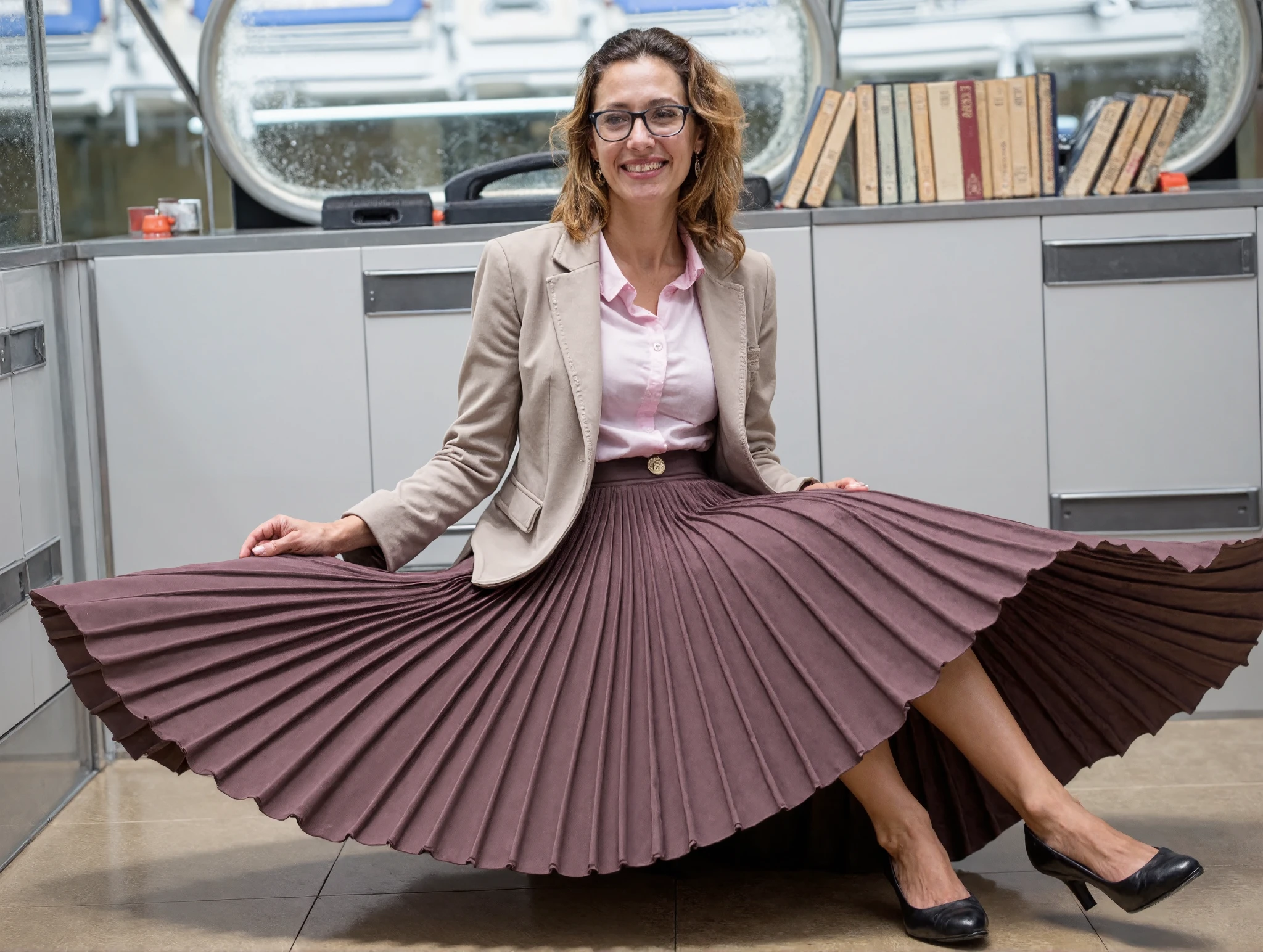 Soft focus captures a vintage aesthetic on 35mm film, reminiscent of Portra400 or Vision3 200T/500T. In a spaceship office, a compassionate therapist sits on her desk surrounded by starry cosmos through large windows, showing her empathy and maternal affection for you. Her long, pleated skirt, flows elegantly around her legs as she wears a uniform jacket over a blouse. Modest low-heel shoes and glasses complete her outfit. Has long curly hair, which she fashions into a single braid. Gentle features on her beautiful, mature, feminine face beam with a warm smile as she flirtatiously lifts her skirt and seductively spreads her legs, inviting intimacy and comfort. The metallic spaceship interior is illuminated by warm light and a hint of moonlight, emphasizing the therapist's charming pose.