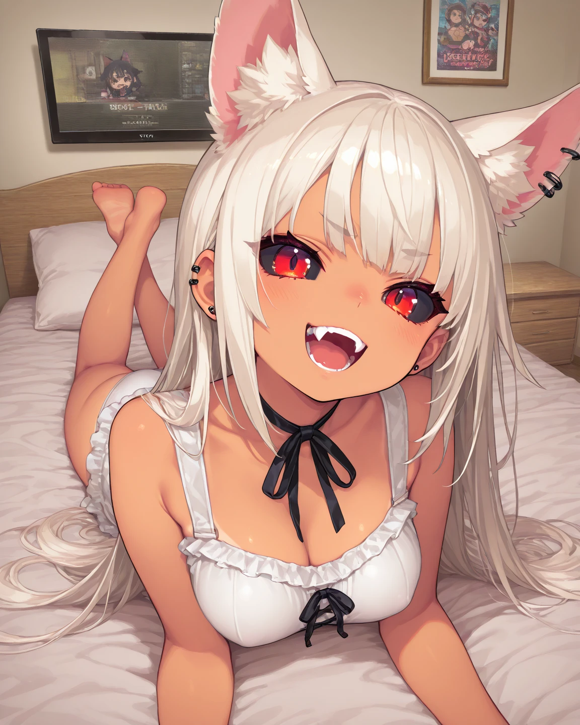 nsfw,1 girl,Solo,tan,attractiveSmile,pov,face,breasts,adult,White hair,red eyes,wolf hair,topless,full body,light areola
wolf girl,Androgynous,big breast
best quality,very aesthetic,absurdres,pov,looking at viewer,front view,straight-on,puffy nipples,(seiza :1),(from front),(top down-bottom up)