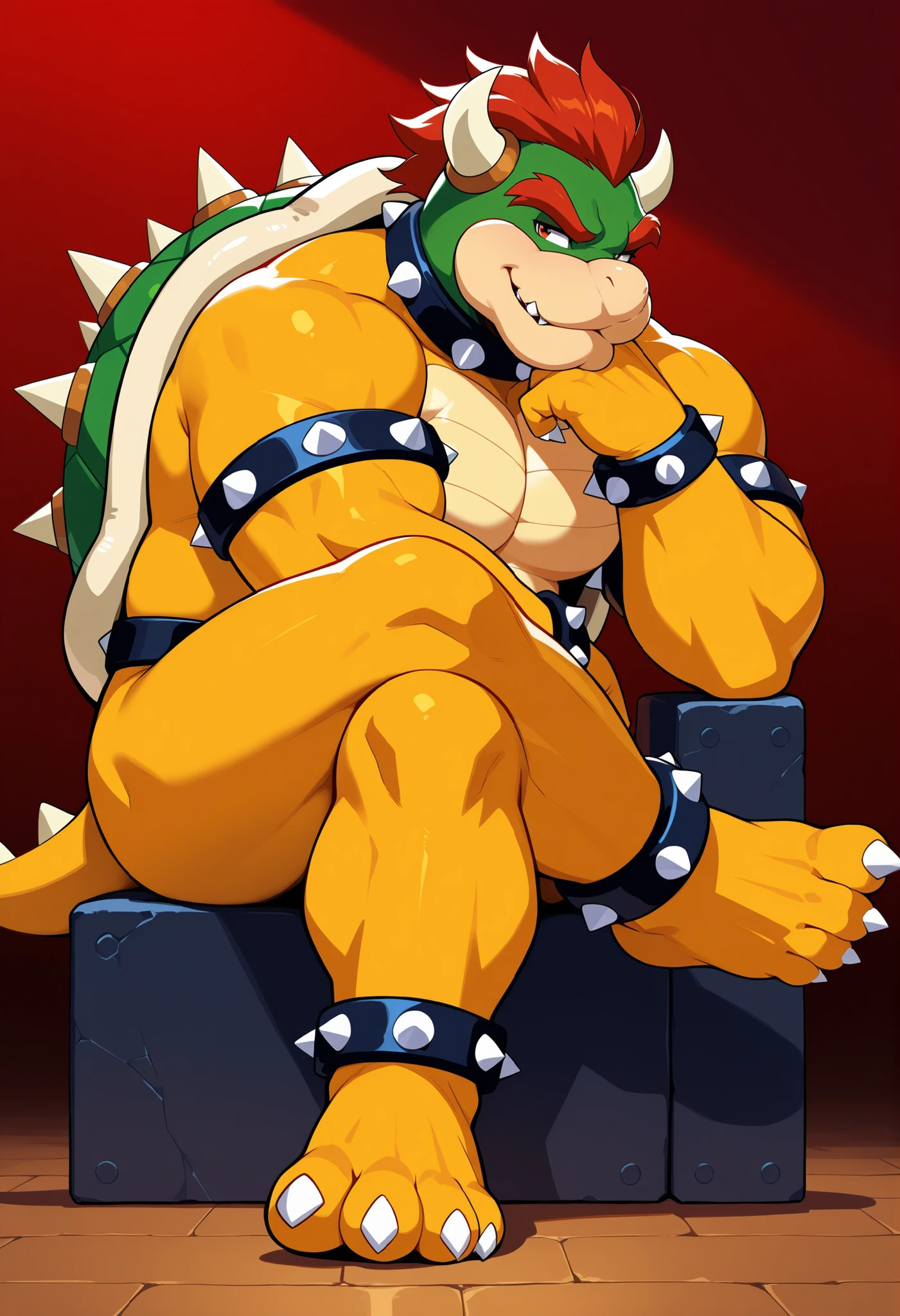 Muscular Bowser, furry, Long hair, with nipple piercings, with a big penis