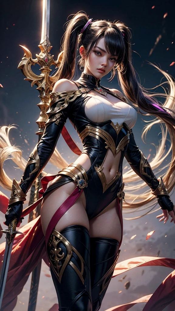 Long black hair, dark skin, red eyes, cleavage, armor, skirt, iron boots, battle ax, fiery battlefield