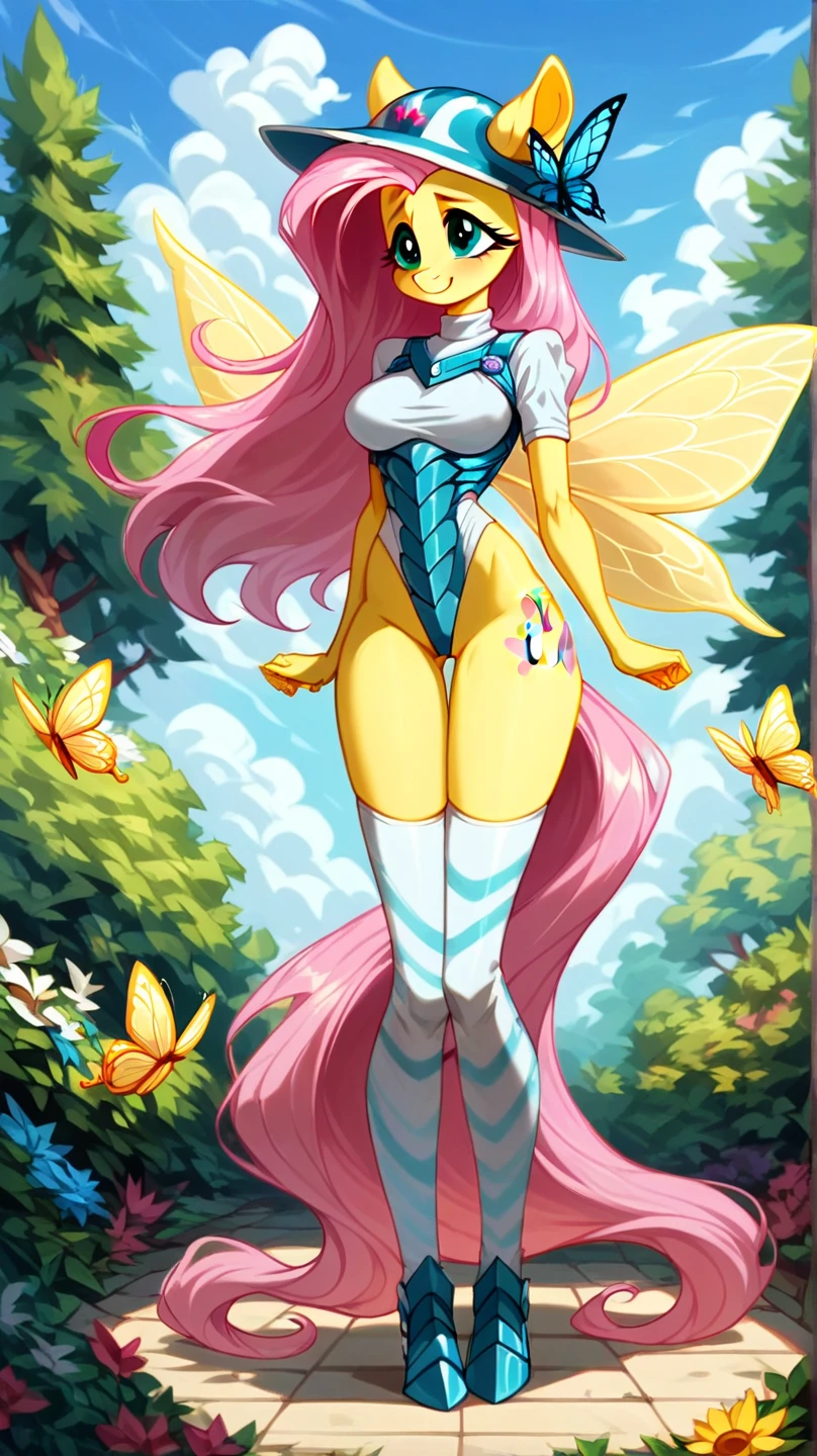 Fluttershy, anthro, cute, blushing, wide hips, large breast, hooves as feet, bikini armor, forest, bikini, lake, knee high socks, gloves, armor, teal eyes
